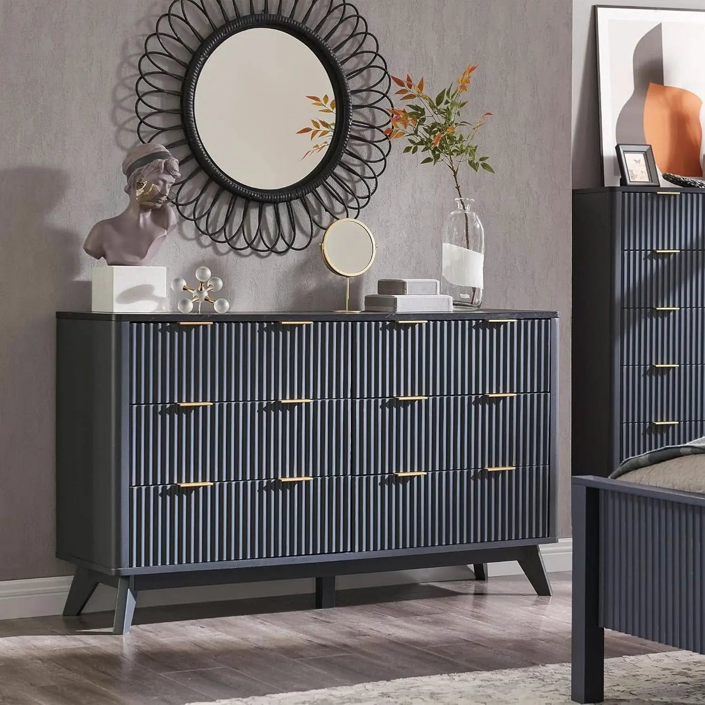 54 Inch Fluted Dresser With Dark Gray Faux Marble Top from PriceLows™