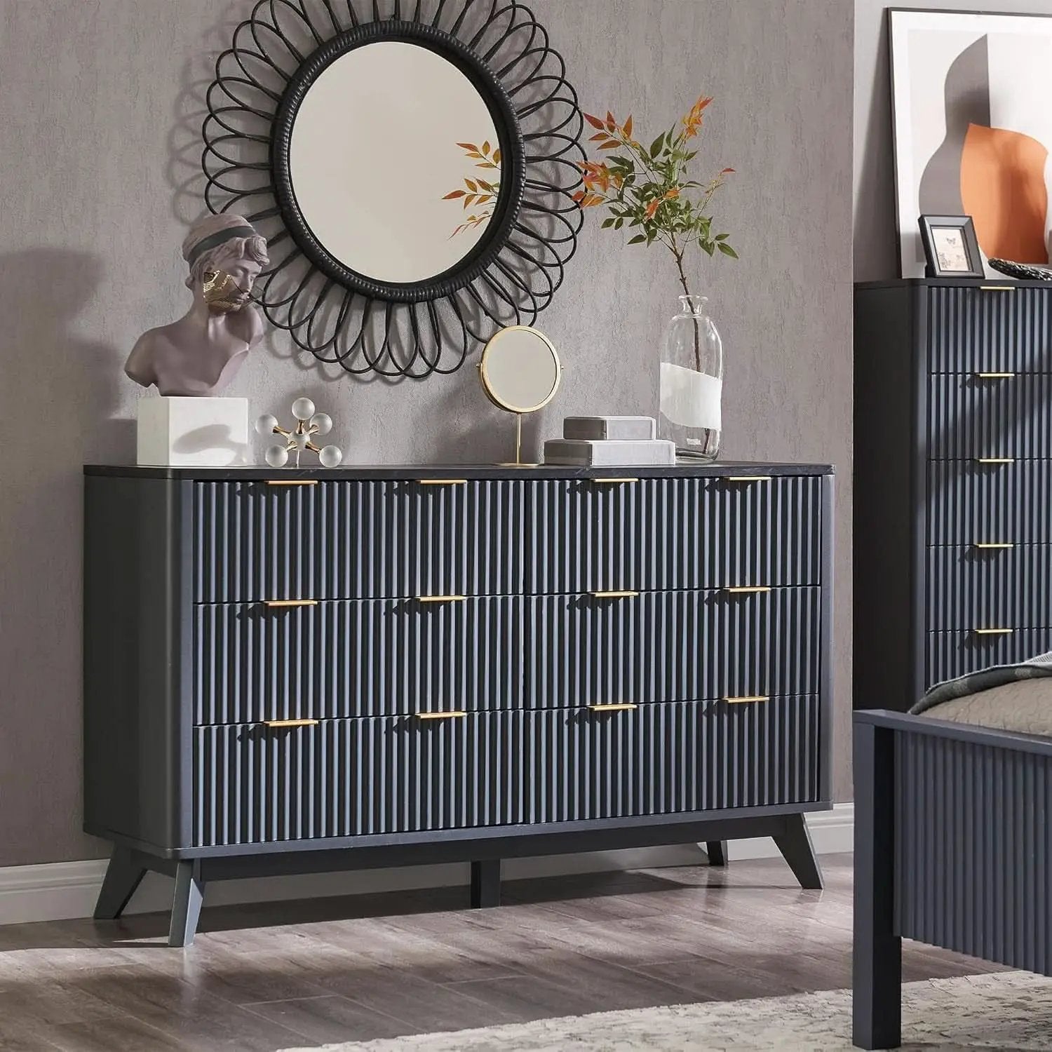 54 Inch Fluted Dresser With Dark Gray Faux Marble Top from PriceLows™