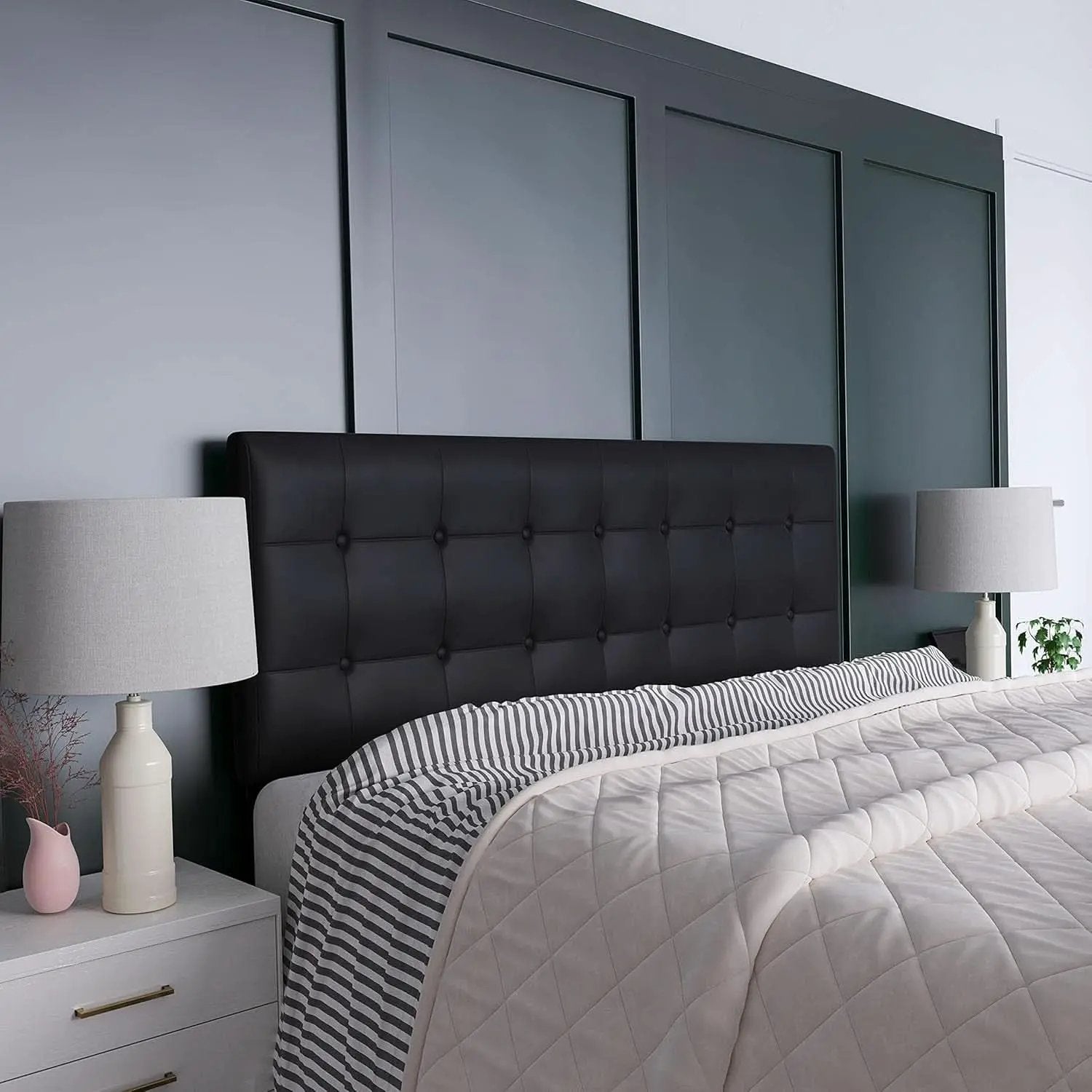 Button Tufted Black Vinyl Queen Size Headboard Upgrade from PriceLows™