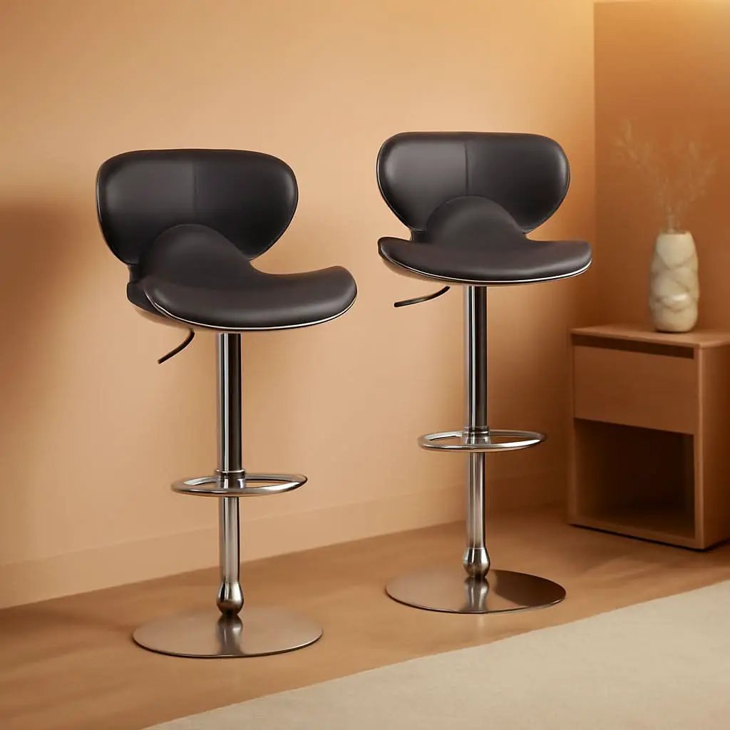 Two Brown Airlift Swivel Barstools With Chrome Base Adjustable Height 360 Degree Rotation from PriceLows™
