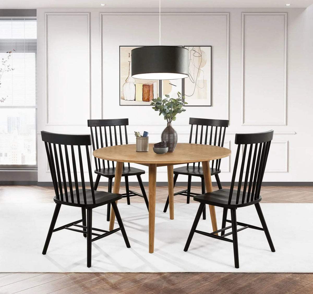 Andrews 5-piece Round Dining Table Set Light Ash and | 5-Piece Set | Rubberwood & Engineered Wood | Black