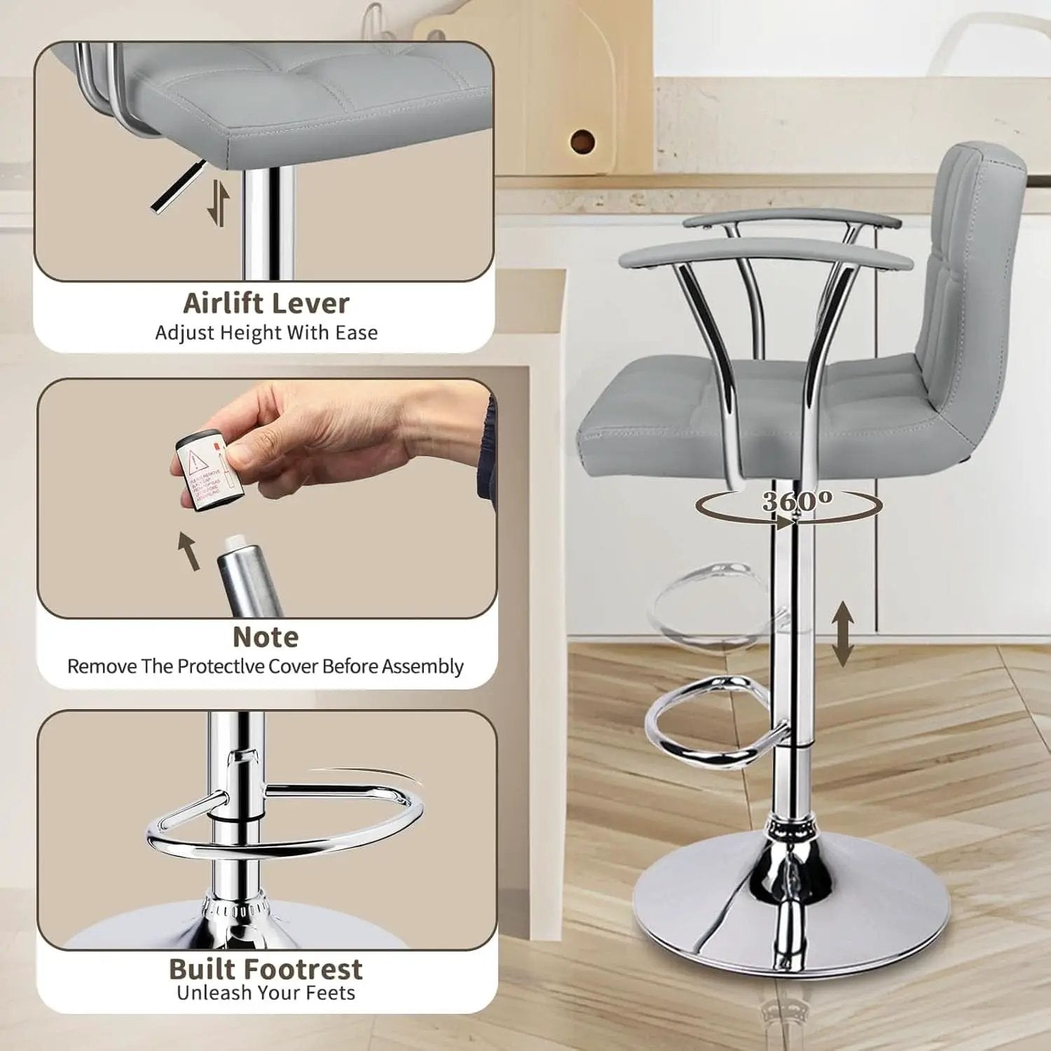 Counter Height Bar Stools Set 2 Armrest Swivel Leather Grey from PriceLows™