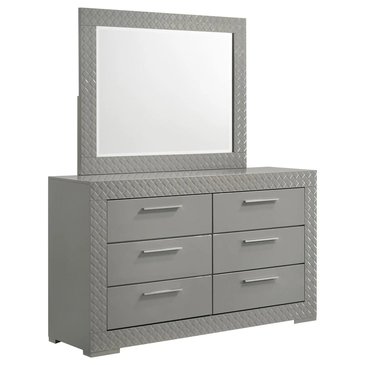 Ives 6-drawer Dresser and Mirror Grey High Gloss | 63 x 18 x 74 in | 6-Drawer | Bedroom