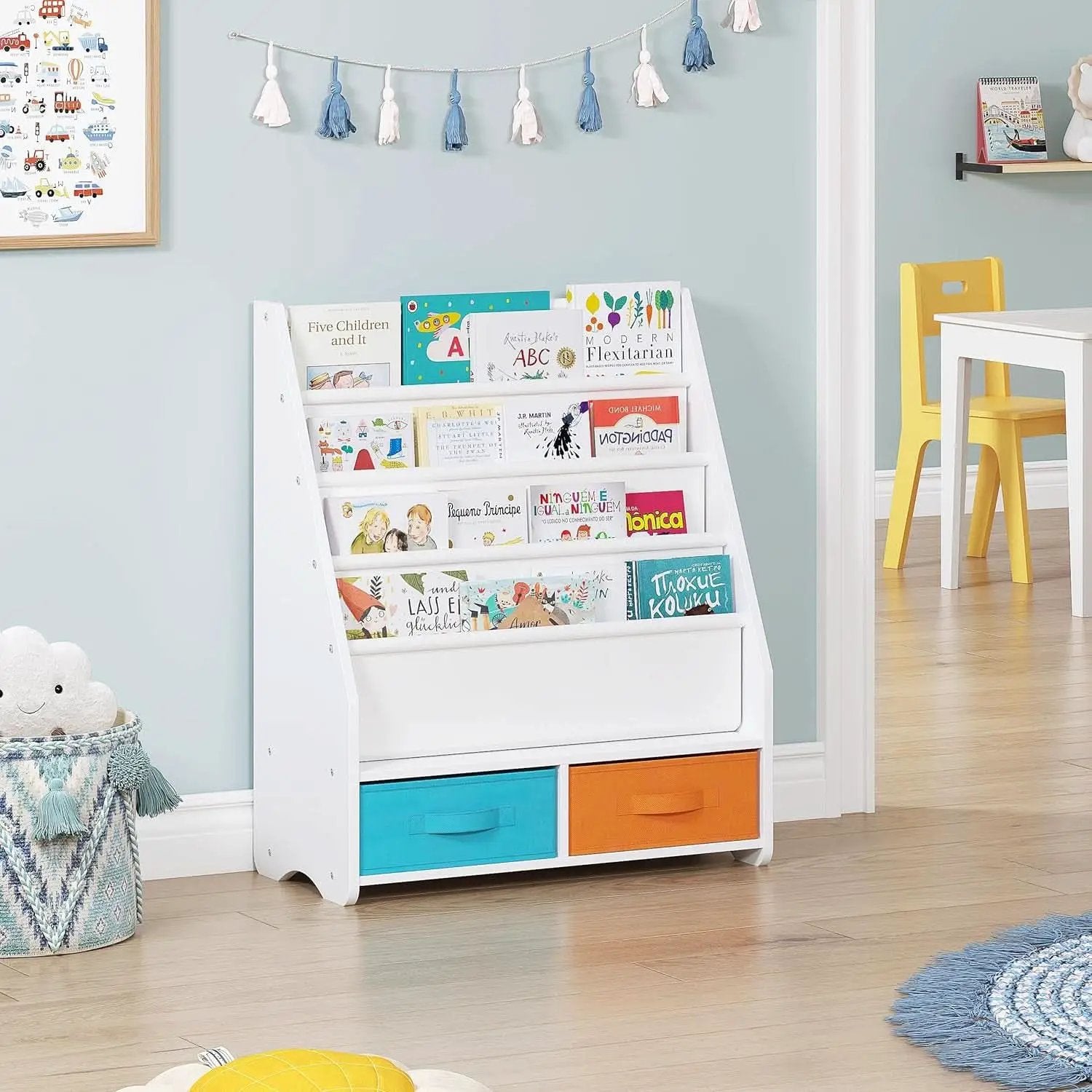 Kids Bookshelf With Storage Bins White Nursery Toddler from PriceLows™
