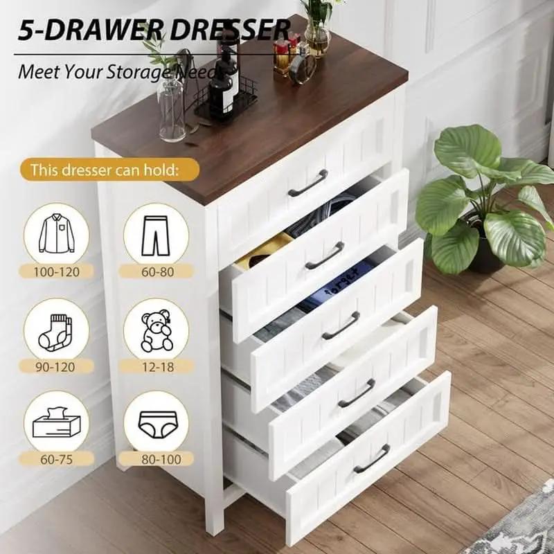 Five Drawer Dresser 44.9 Inch Tall PowderCoatWhite from PriceLows™