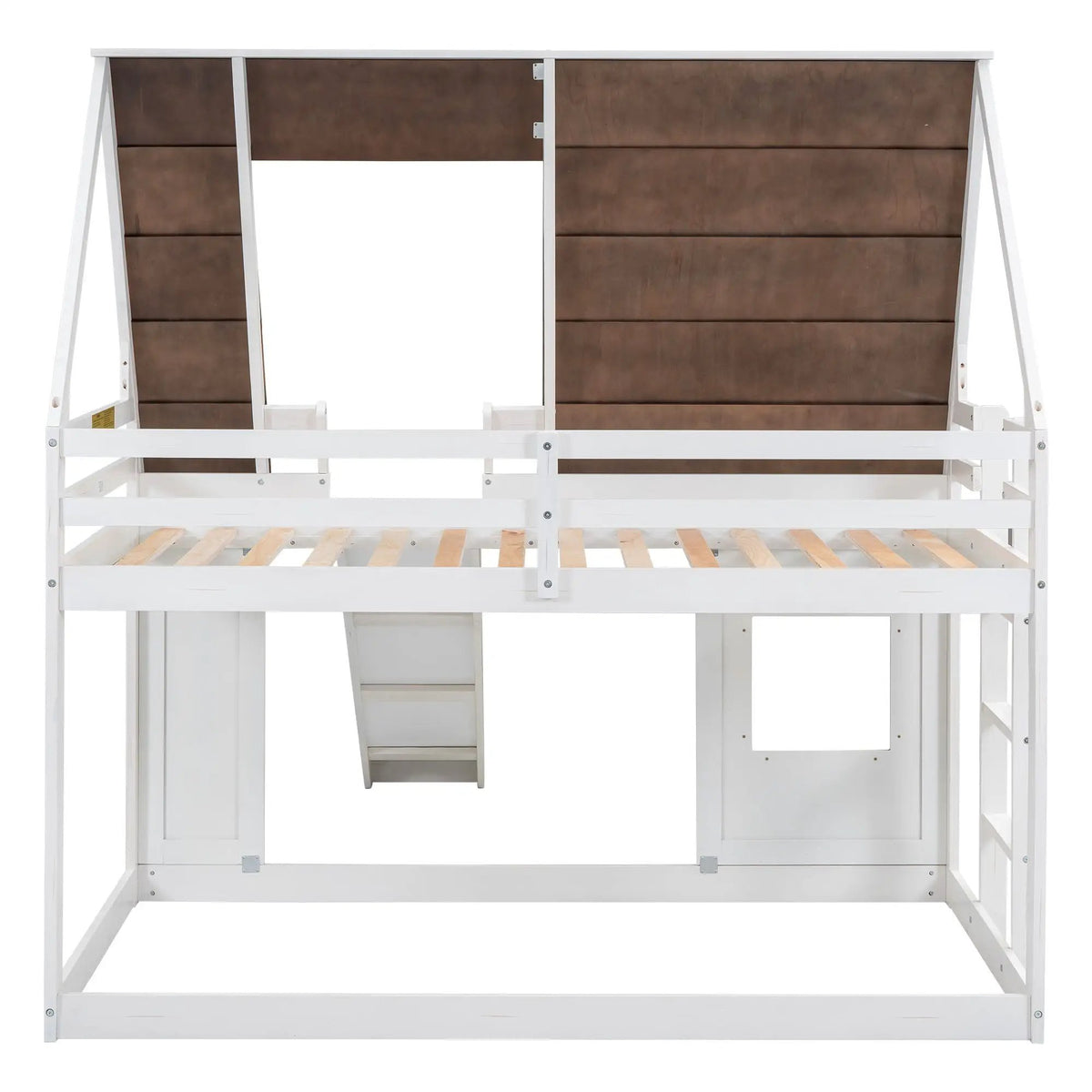 House Bunk Bed | Twin Size Solid Pine | Built In Slide | White Brown
