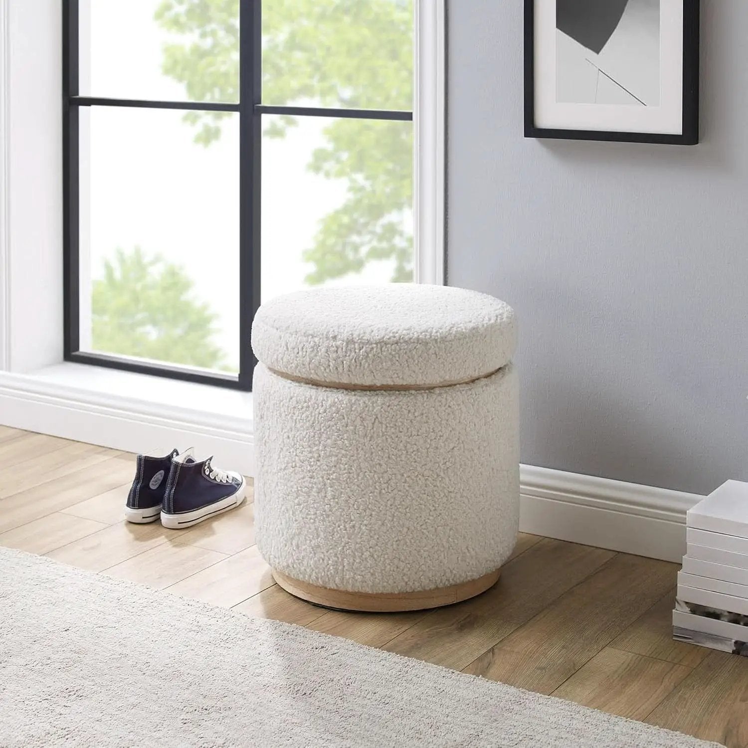 Cream Sherpa Deluxe Storage Ottoman Solidwood Base from PriceLows™