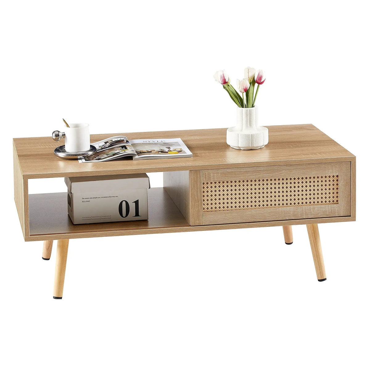 Rattan Coffee Table | 41.34 Inch Width | Sliding Storage Door | Solid Wood Legs