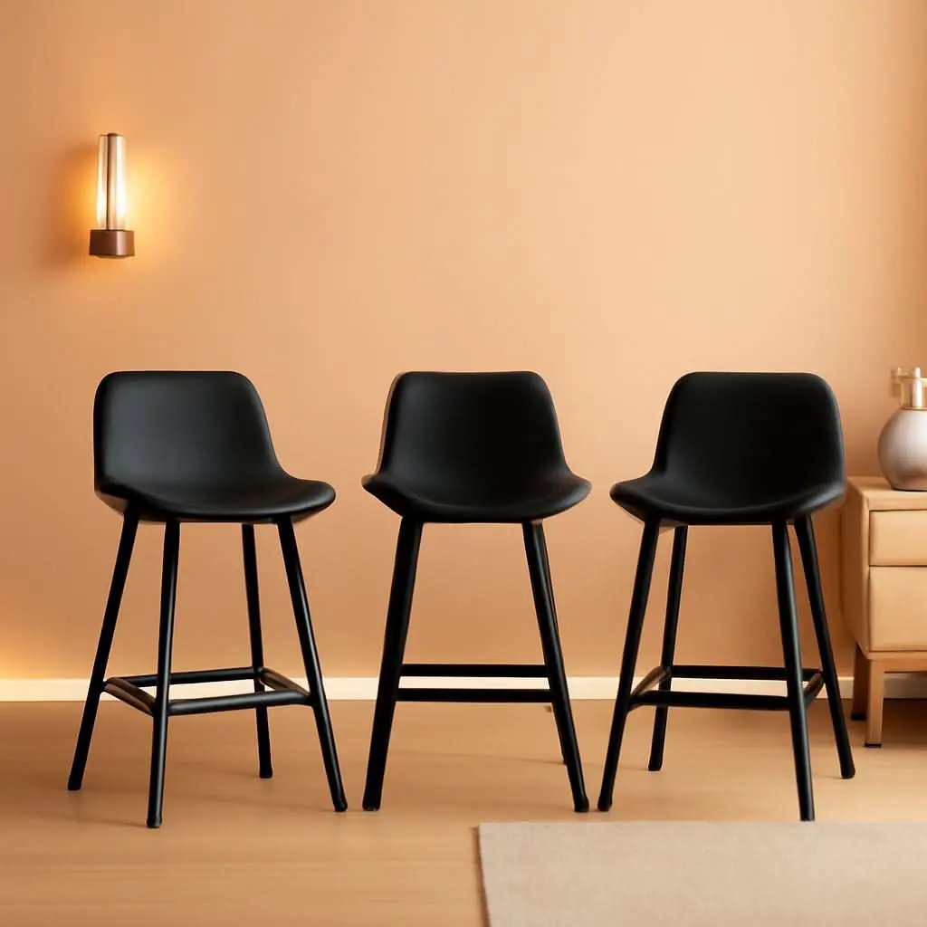 24 Inch Modern Bucket Bar Stool Set Of 3 With Back And Footrest In Faux Leather Black from PriceLows™
