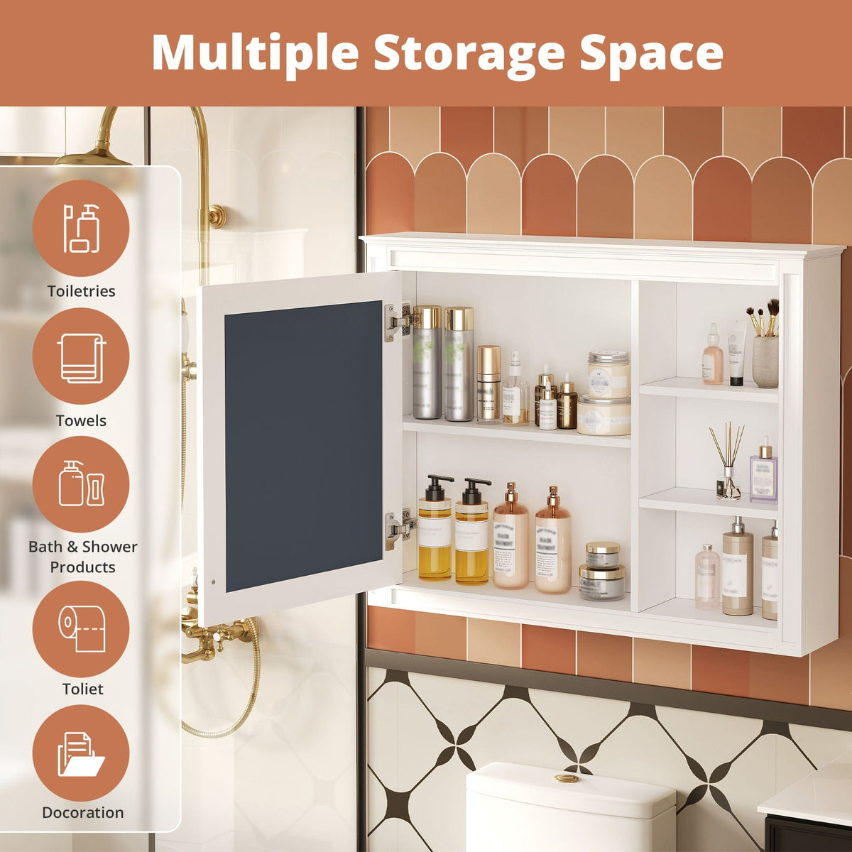 Wall Mounted Medicine Cabinet With Mirror, Adjustable Shelf - | 36 x 6.7 x 28 in | Solid Wood & Glass | White