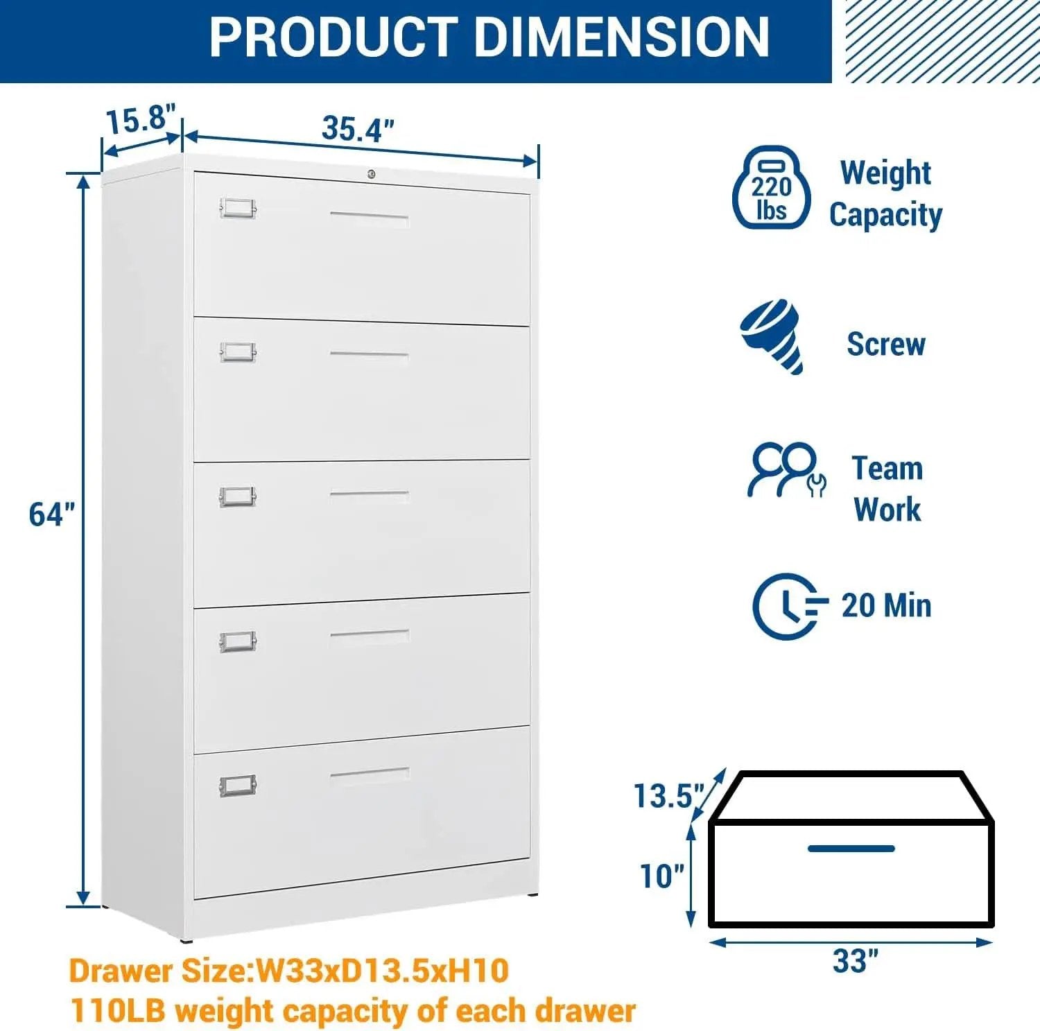 Lateral File Cabinet White 5 Drawer Lockable Office Storage from PriceLows™