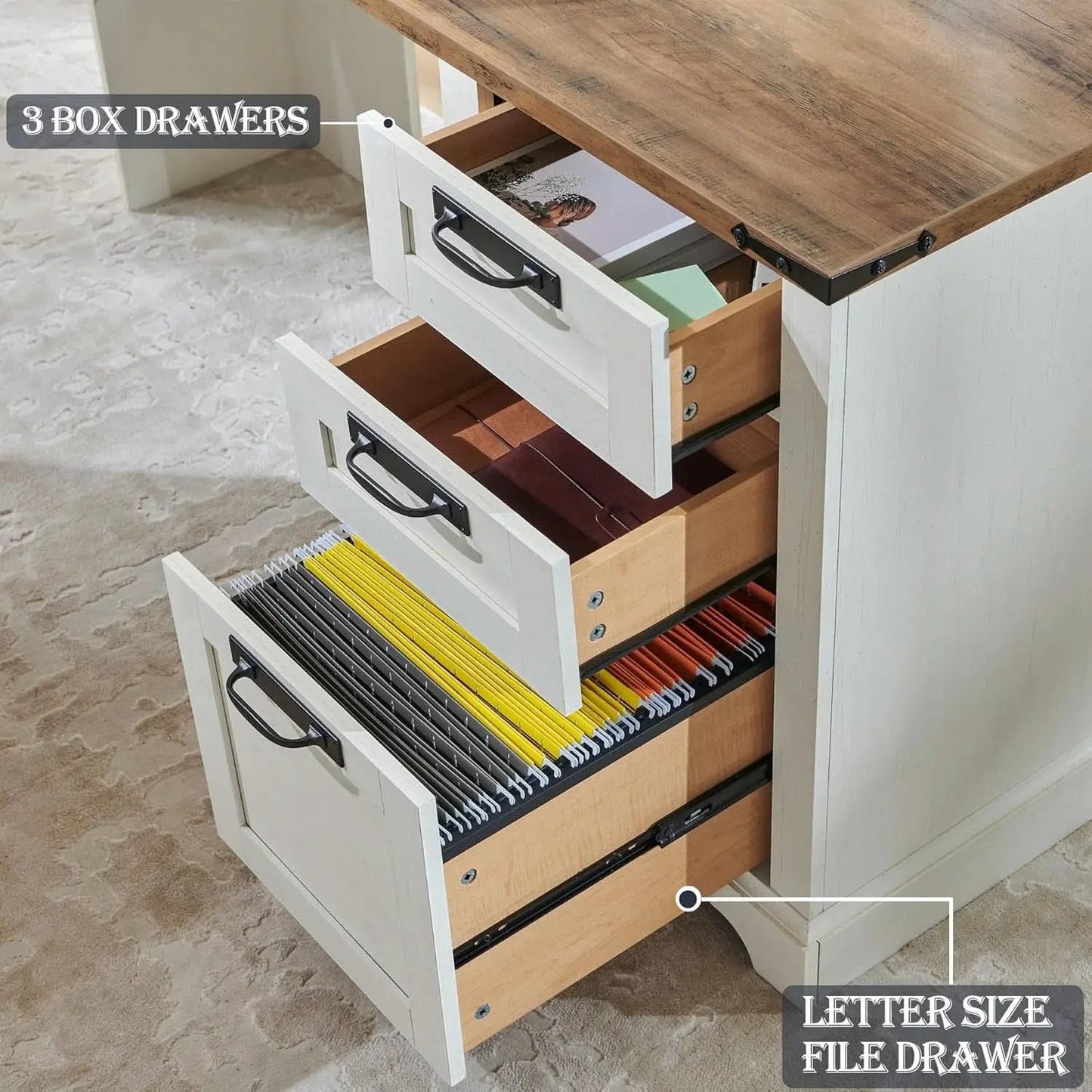60 Inch Farmhouse L Shaped Desk Antique White With Drawers from PriceLows™