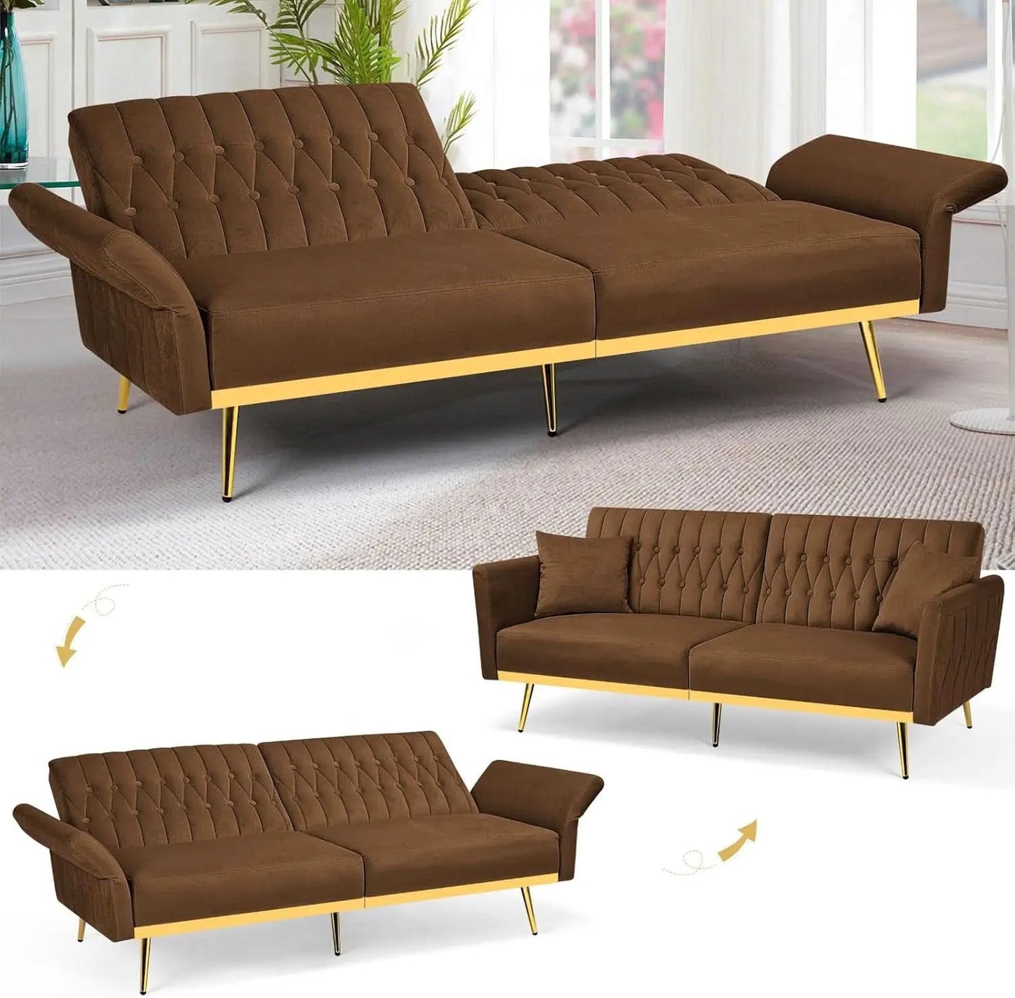 2 Piece Velvet Sofa Set With Adjustable Armrests, 70 Inch Convertible Futon Sofa Bed, Brown from PriceLows™