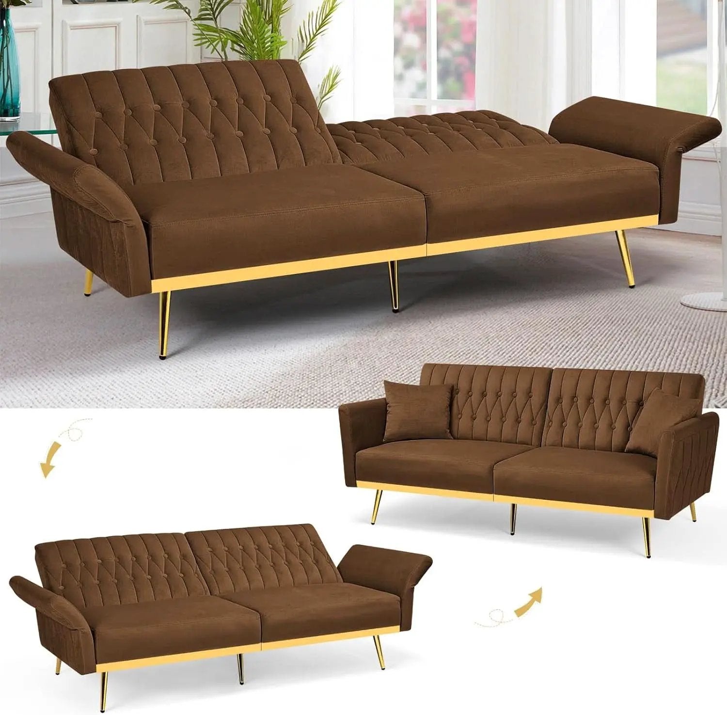 2 Piece Velvet Sofa Set With Adjustable Armrests, 70 Inch Convertible Futon Sofa Bed, Brown from PriceLows™