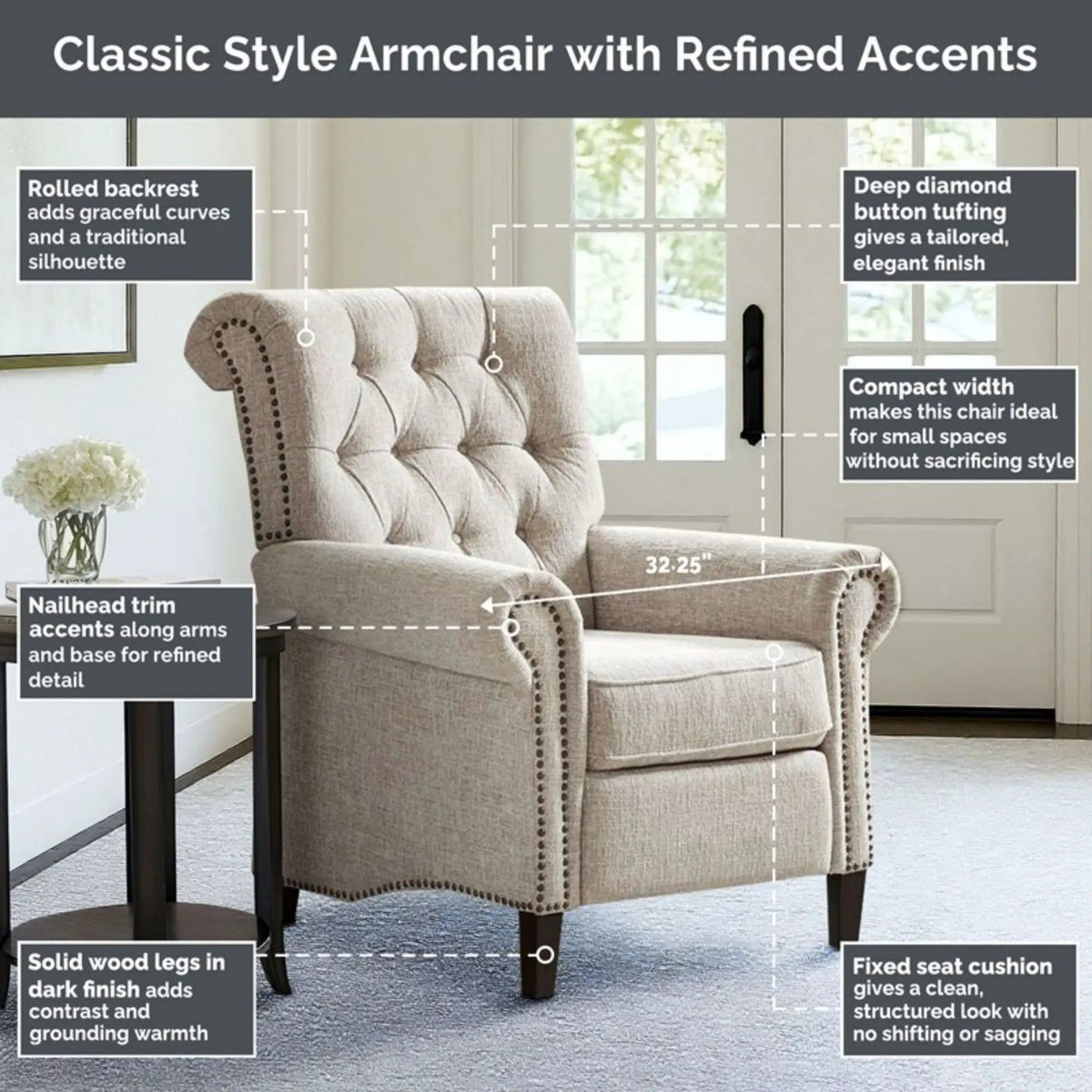 Aidan Push Back Recliner Chair | Tufted Back | Nailhead Trim | Cream