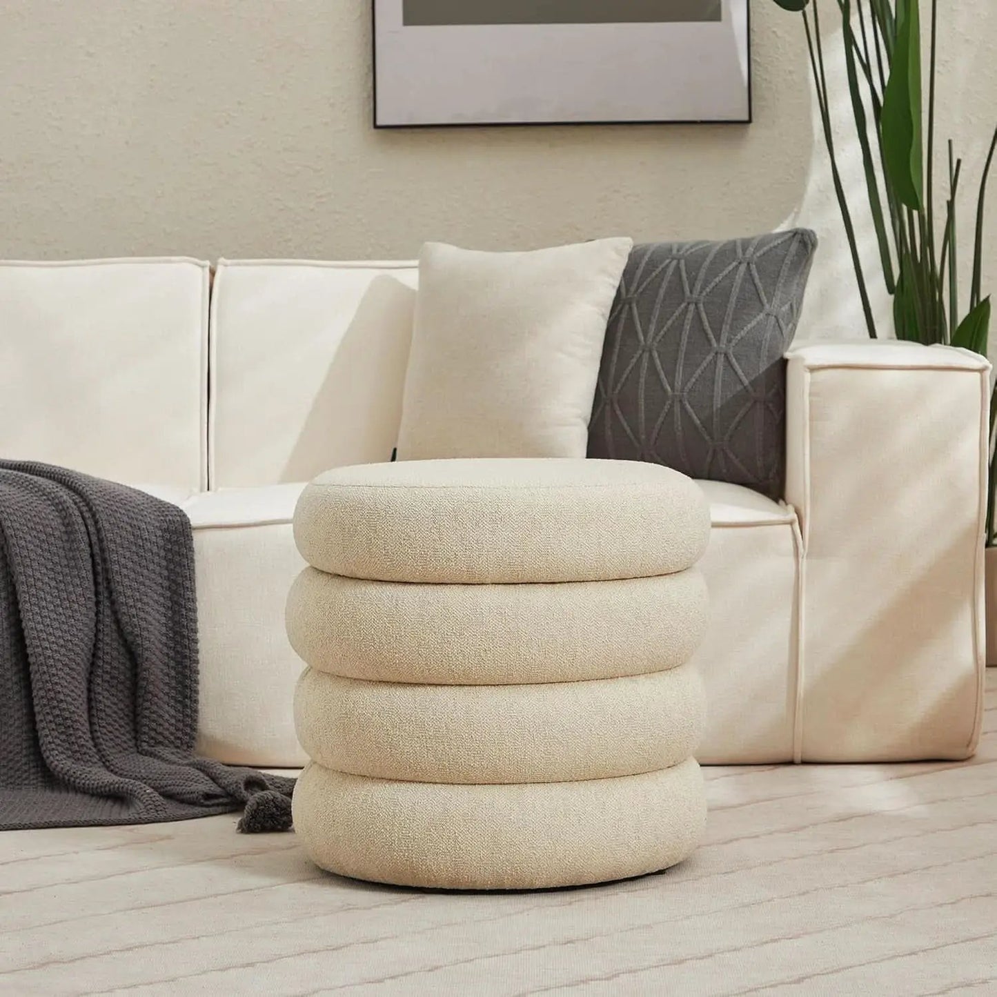 Beige Linen Upholstered Round Storage Ottoman Removable Lid from PriceLows™
