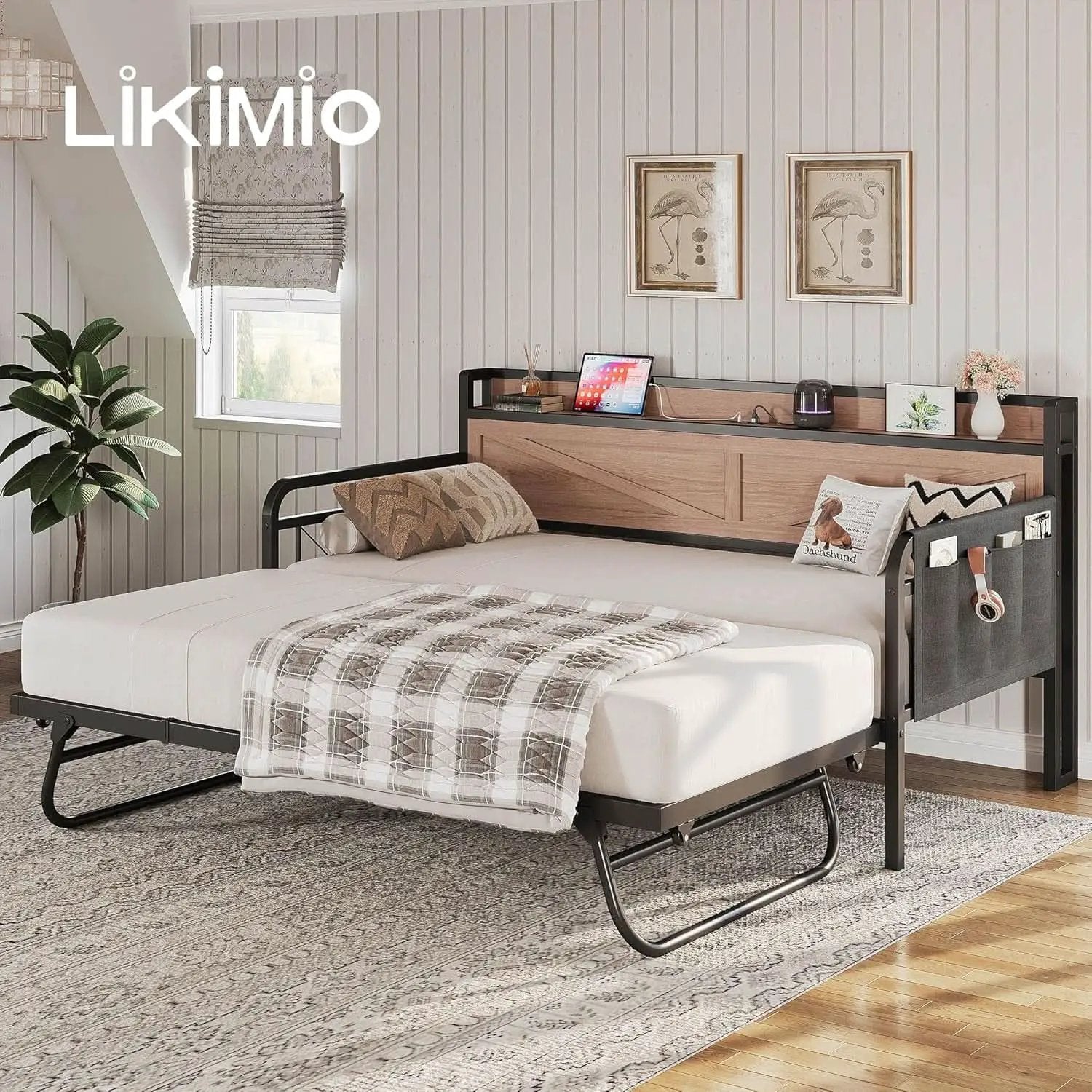 Twin Daybed With Trundle And Charging Station In Natural Wood from PriceLows™
