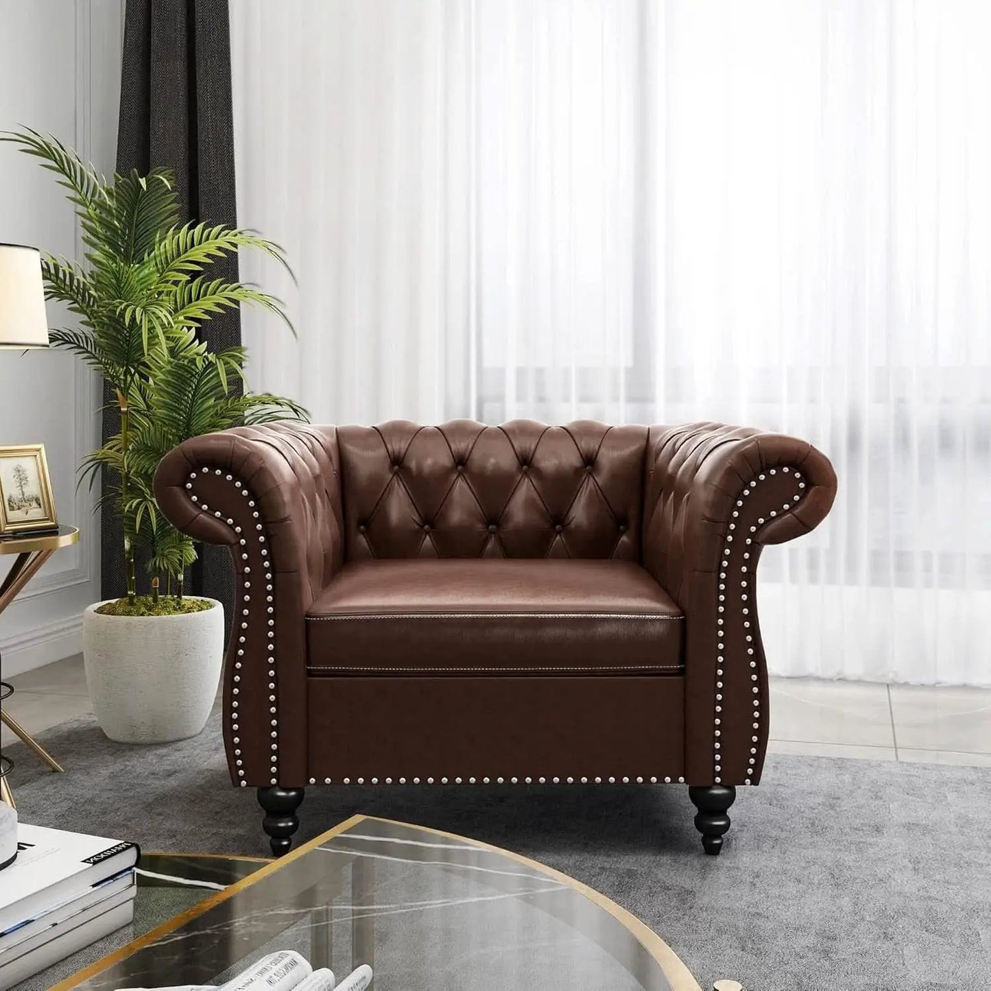 Two Piece Living Room Set Chesterfield Leather Sofa And Chair With Scroll Arms In Dark Brown from PriceLows™