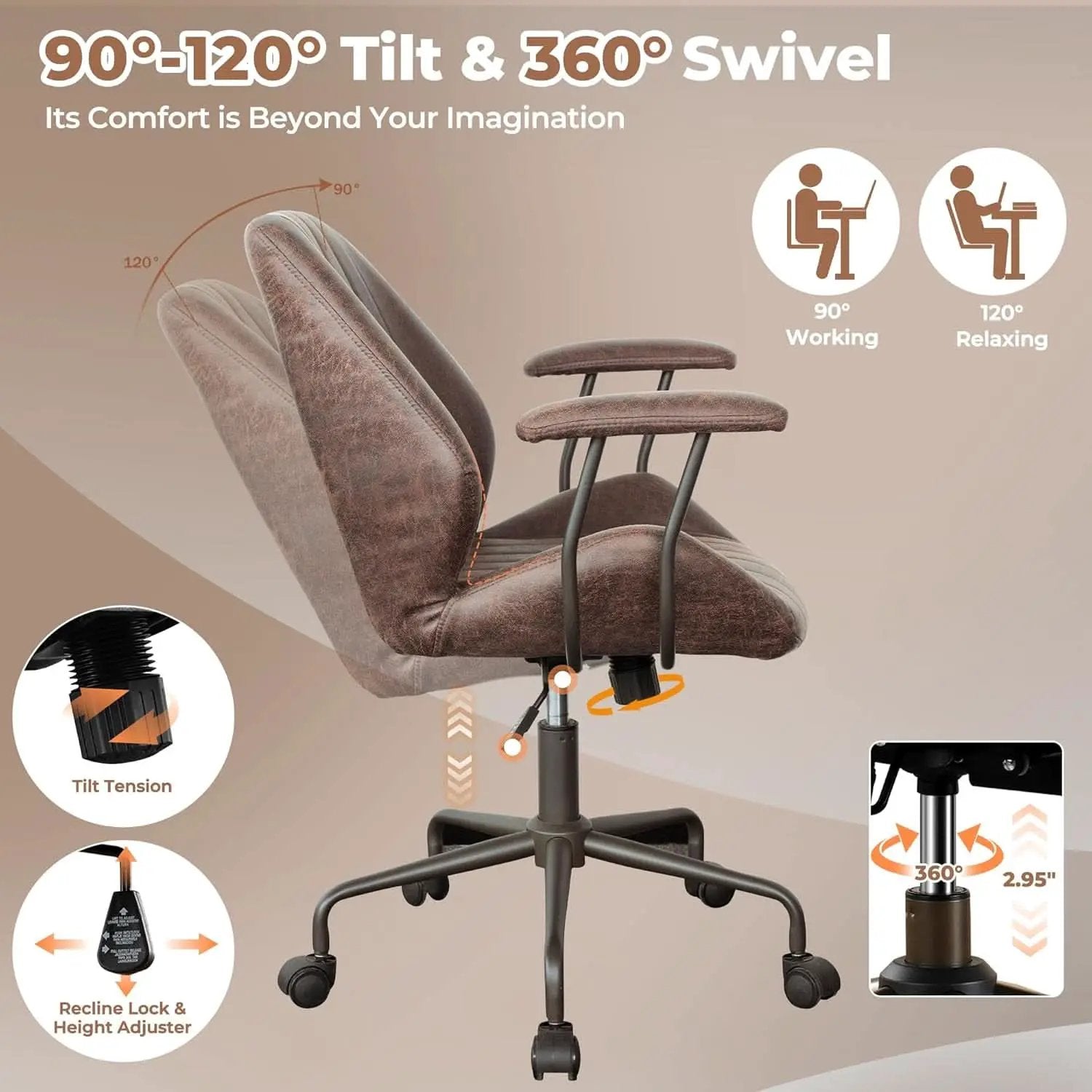 Ergonomic Leather Office Chair Dark Brown Mid Century Modern from PriceLows™