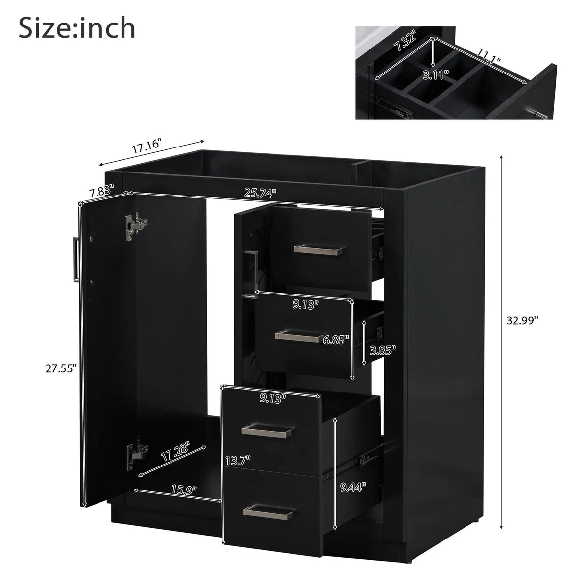 30 Inch Bathroom Vanity | Freestanding Set | 3 Drawers | Solid Wood Frame