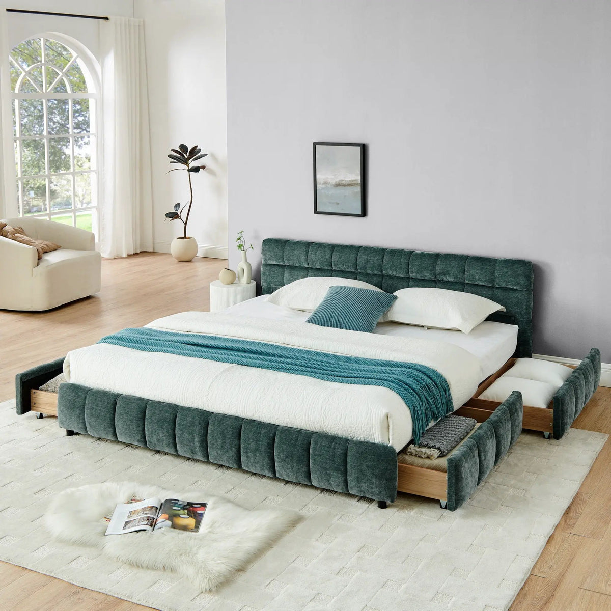 Modern Platform Storage Bed Frame | Thick Fabric Upholstery | Soft Headboard | Solid Construction