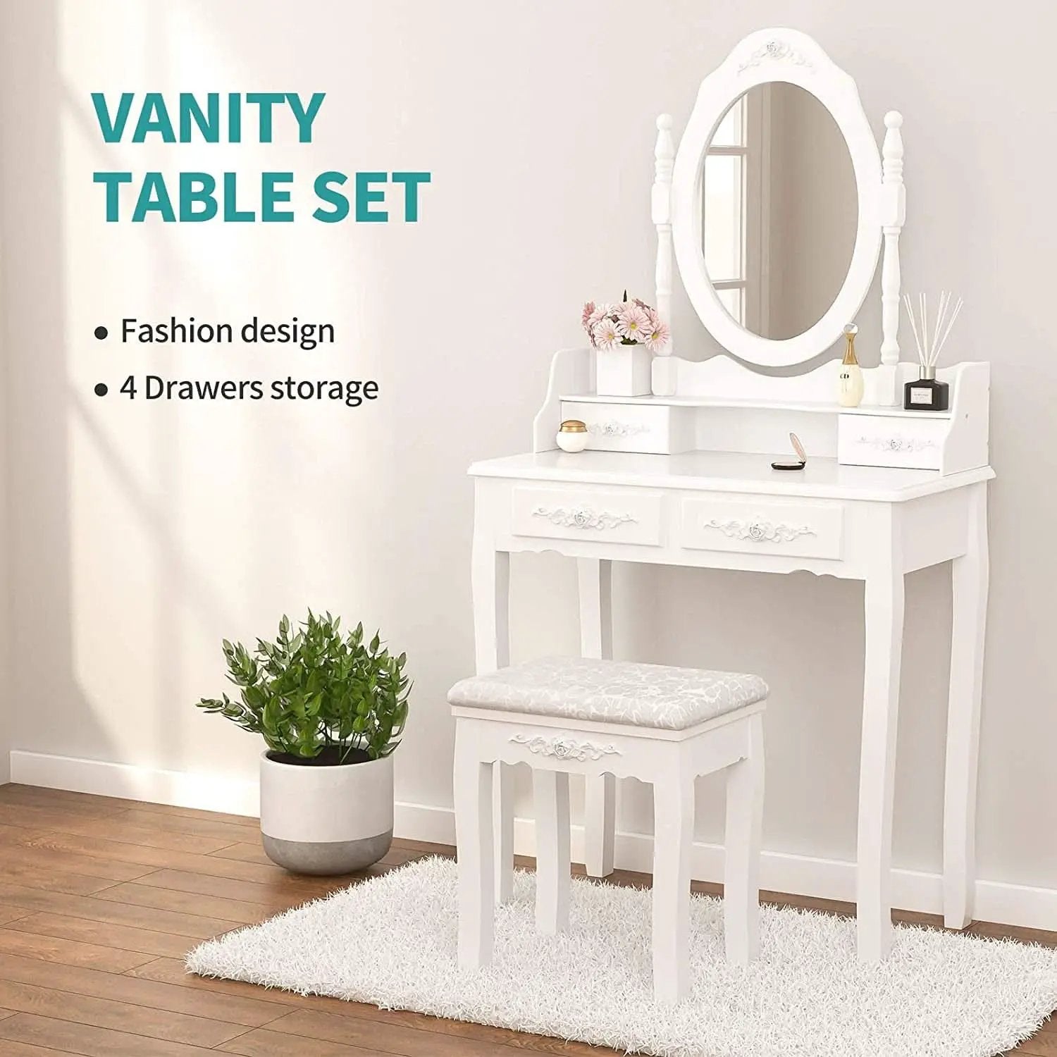 White Vanity Table Set With 360 Degree Rotating Mirror from PriceLows™