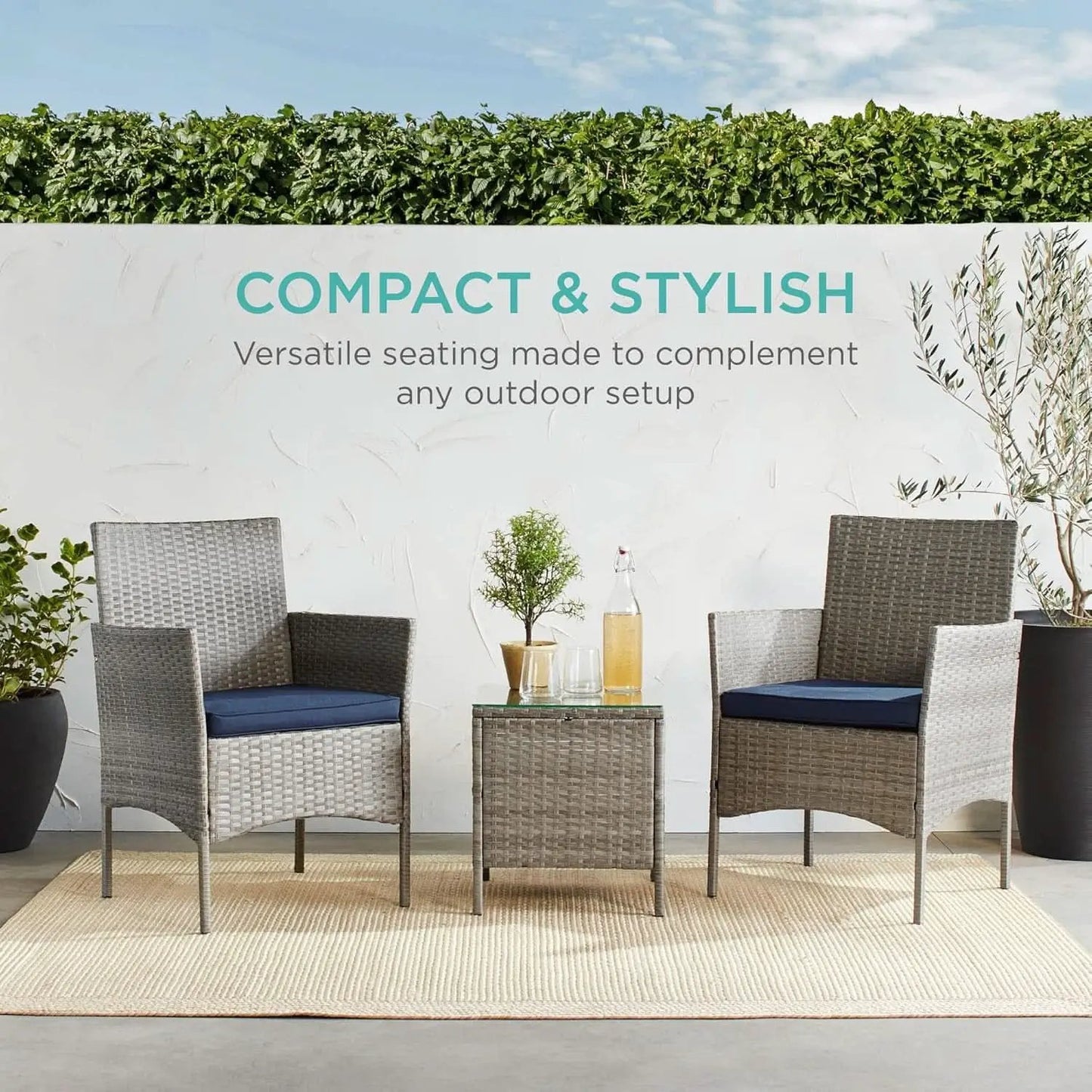 3-Piece Outdoor Wicker Bistro Set Gray and Navy Patio Furniture from PriceLows™