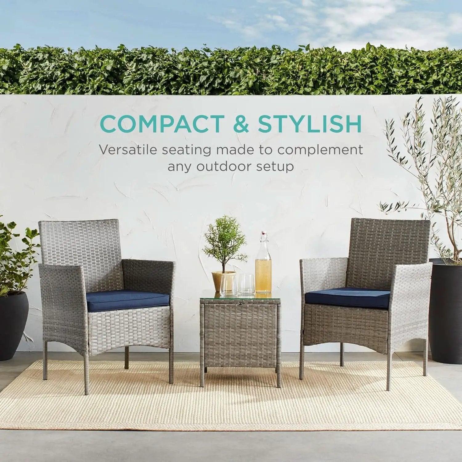 3-Piece Outdoor Wicker Bistro Set Gray and Navy Patio Furniture from PriceLows™