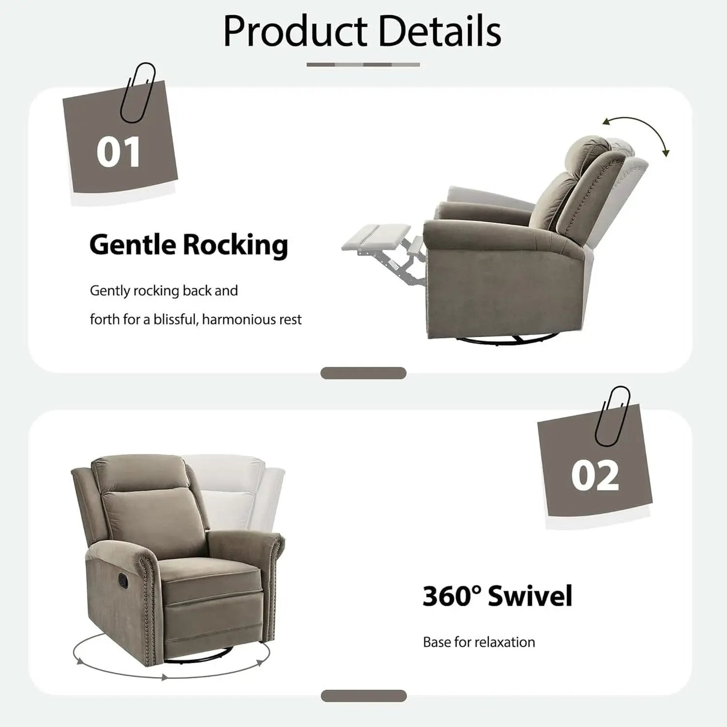 Light Brown Velvet Swivel Rocker Recliner Nailhead Trim from PriceLows™