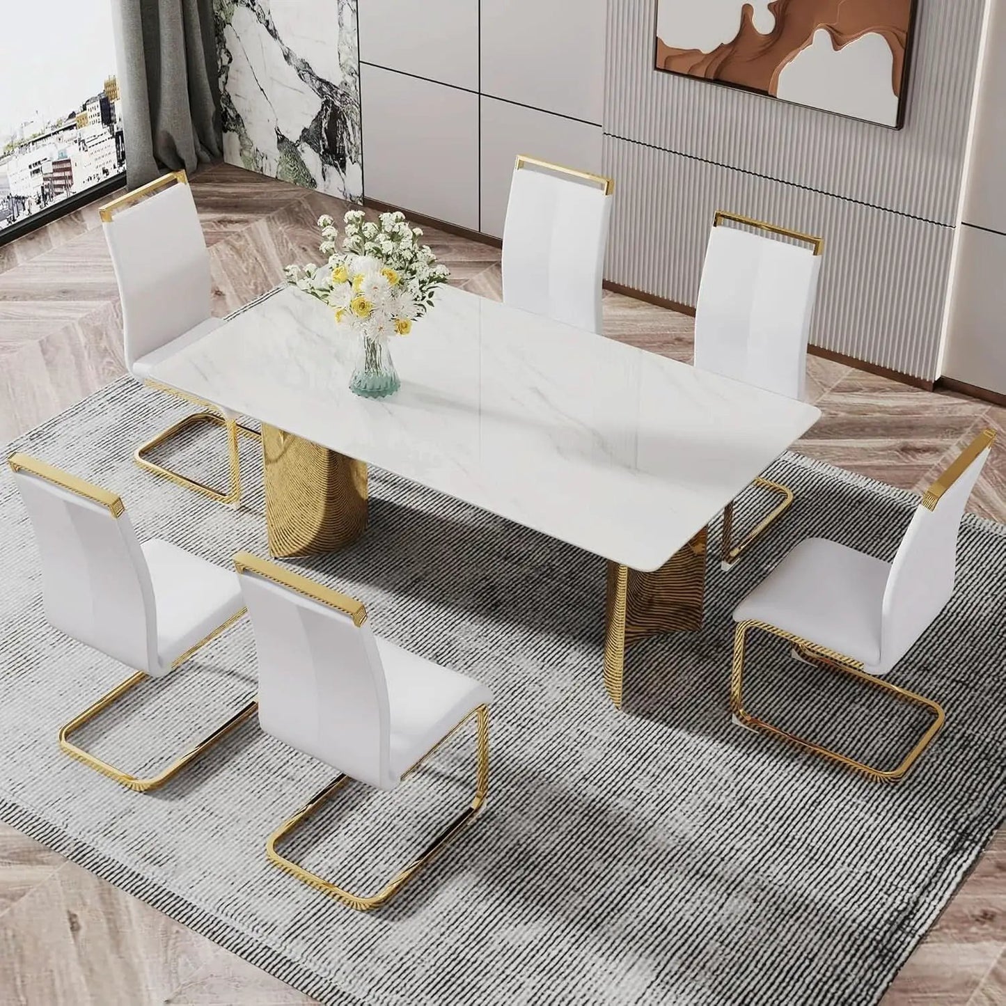 White Marble Dining Table 71 Inch Glass Top Gold Base from PriceLows™