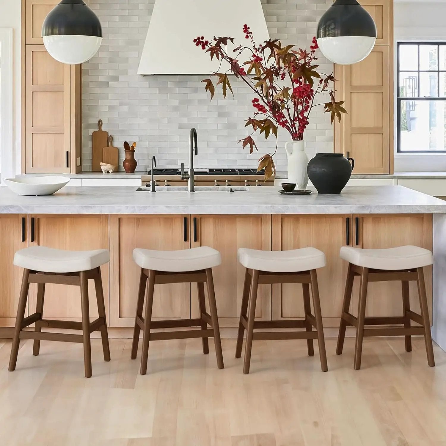 Bar Stools Set Of 2, 24 Inch Antique White Leather from PriceLows™