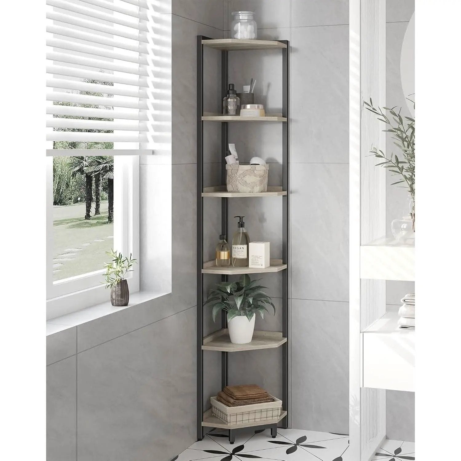 6-Tier Greige Corner Shelf Stand For Living Room And Office from PriceLows™