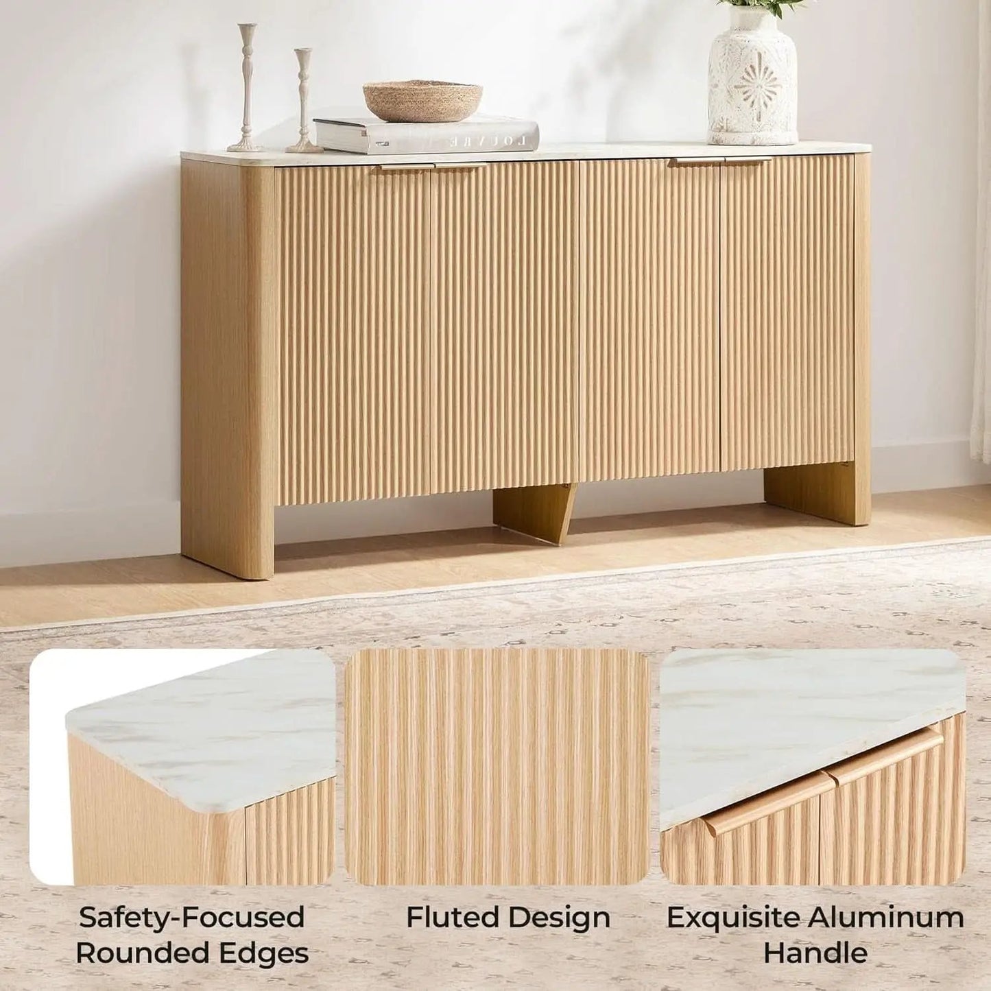 61 Inch Oak Sideboard Cabinet With Adjustable Shelves from PriceLows™