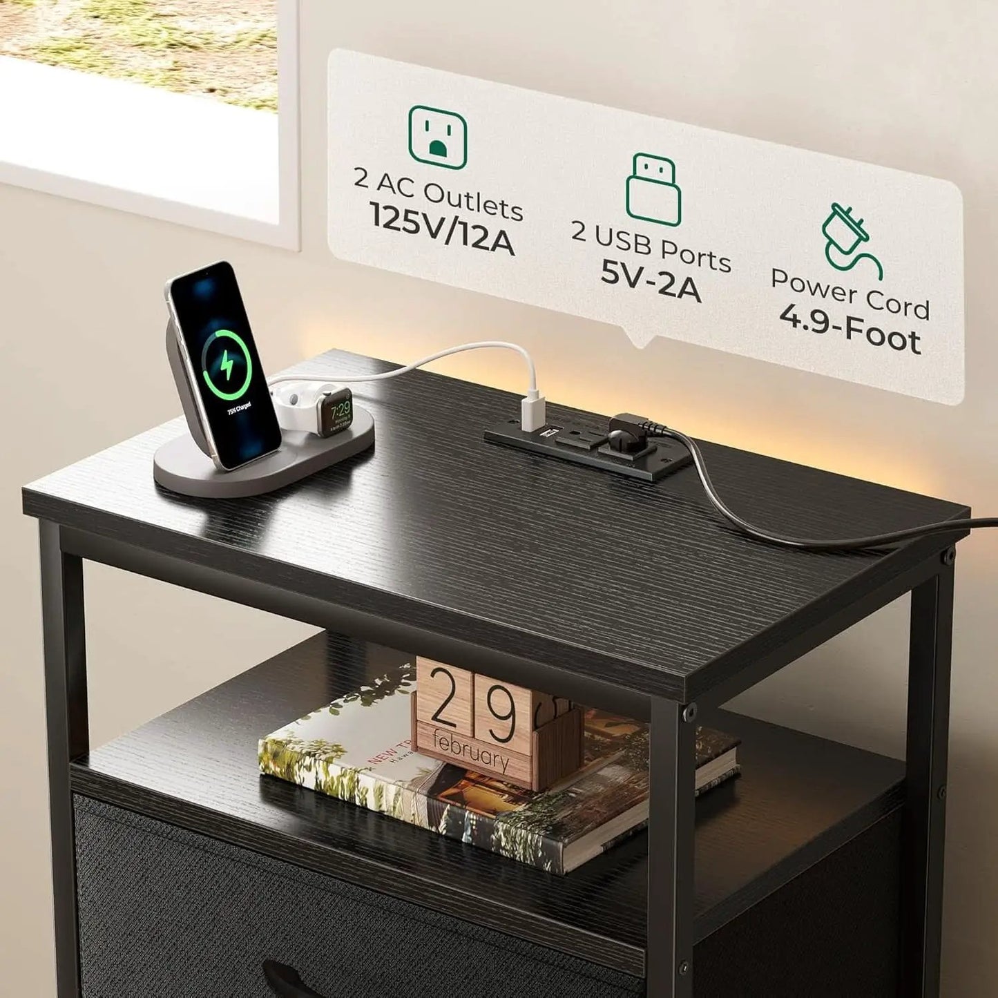 Black Five Drawer Dresser With Integrated Charging Station from PriceLows™