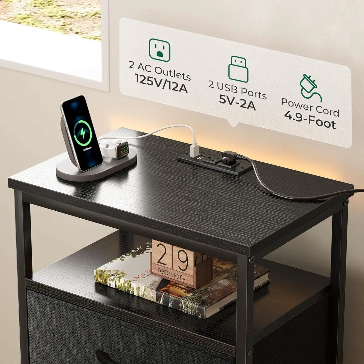 Black Five Drawer Dresser With Integrated Charging Station from PriceLows™