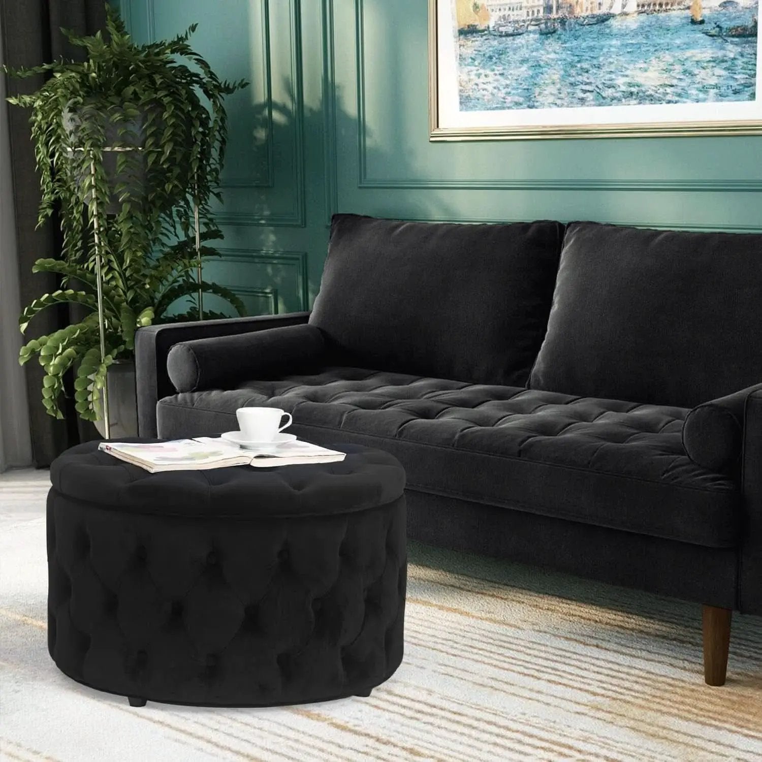 Twenty EightInch Velvety Round Storage Ottoman Black Tufted from PriceLows™