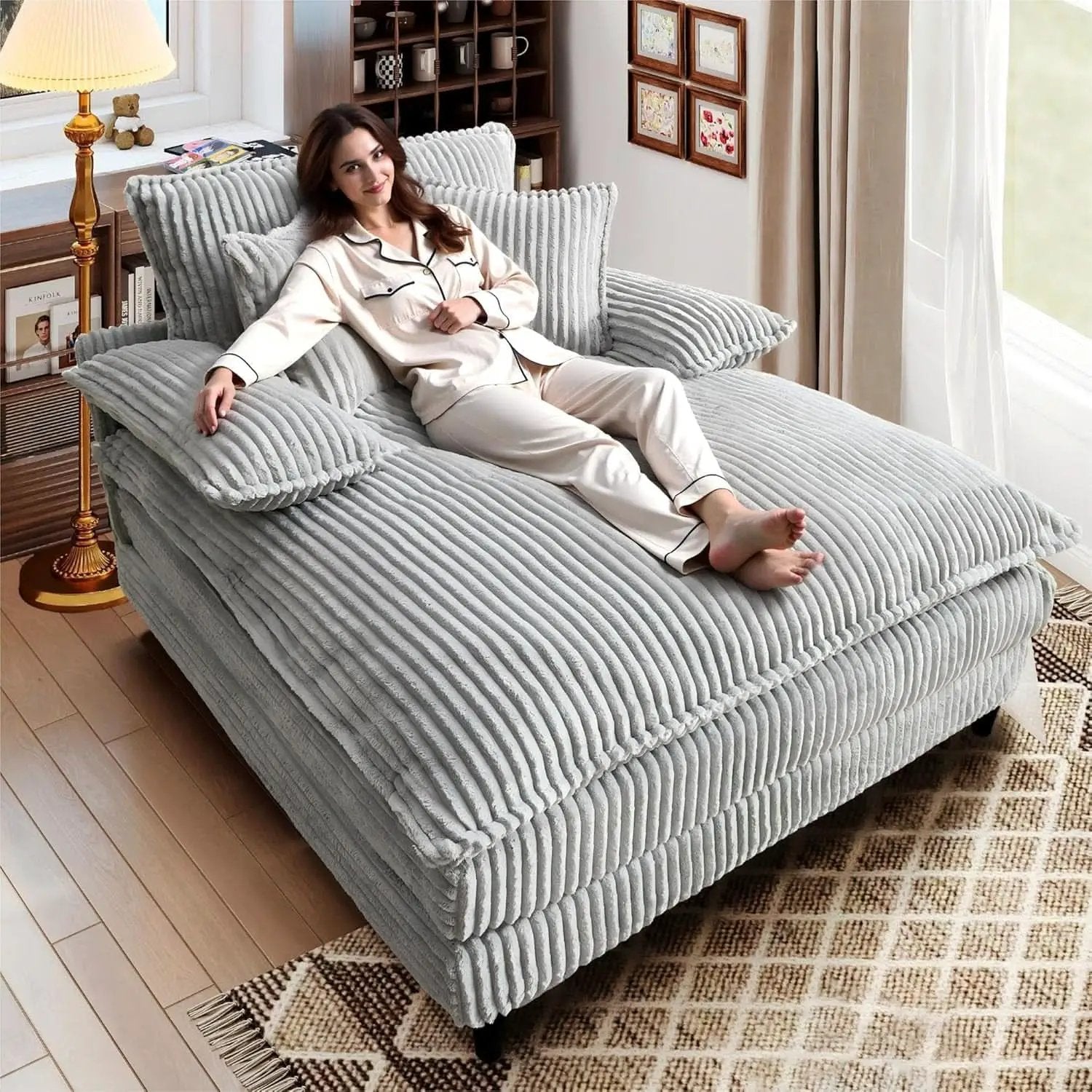 Cream Gray Oversized Chaise Lounge Adjustable Backrest from PriceLows™