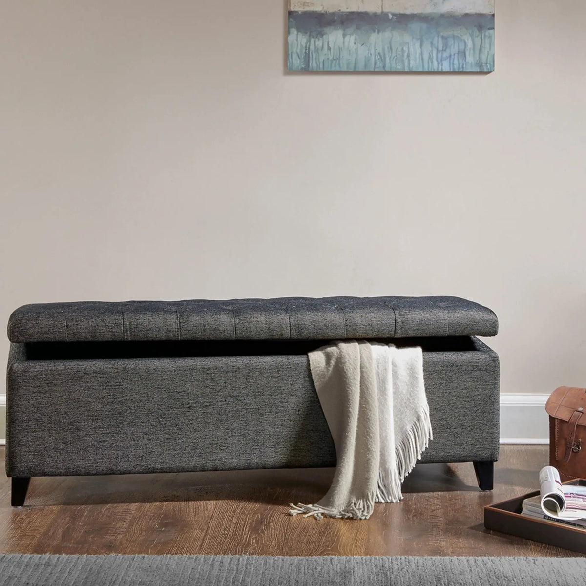 Tufted Soft Close Storage Bench | Button Tufted Top | Solid Wood Legs | 49 Inch Width