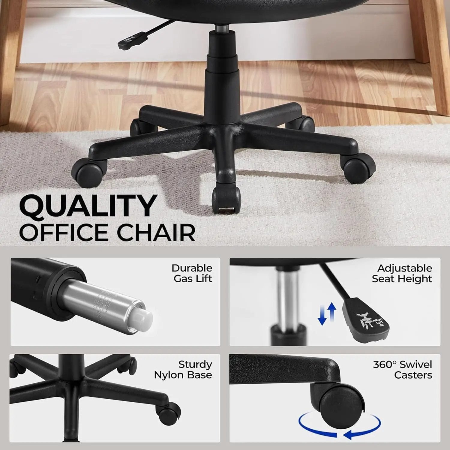 Armless Ergonomic Office Chair Black PU Leather Swivel from PriceLows™