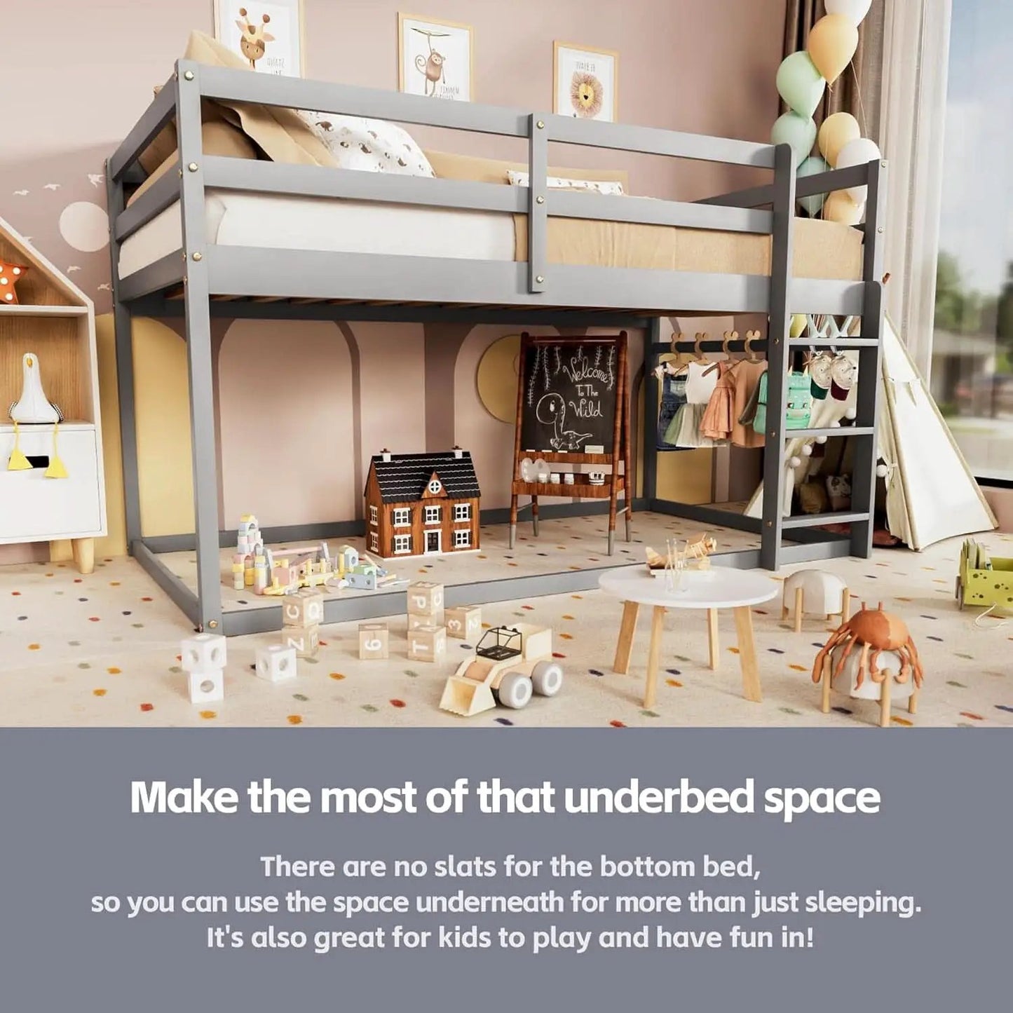 Grey Low Bunk Bed Twin Over Twin With Ladder For Kids Room from PriceLows™