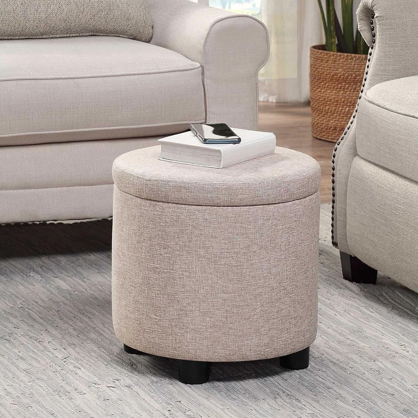Round Storage Ottoman Upholstered Removable Tray Lid from PriceLows™