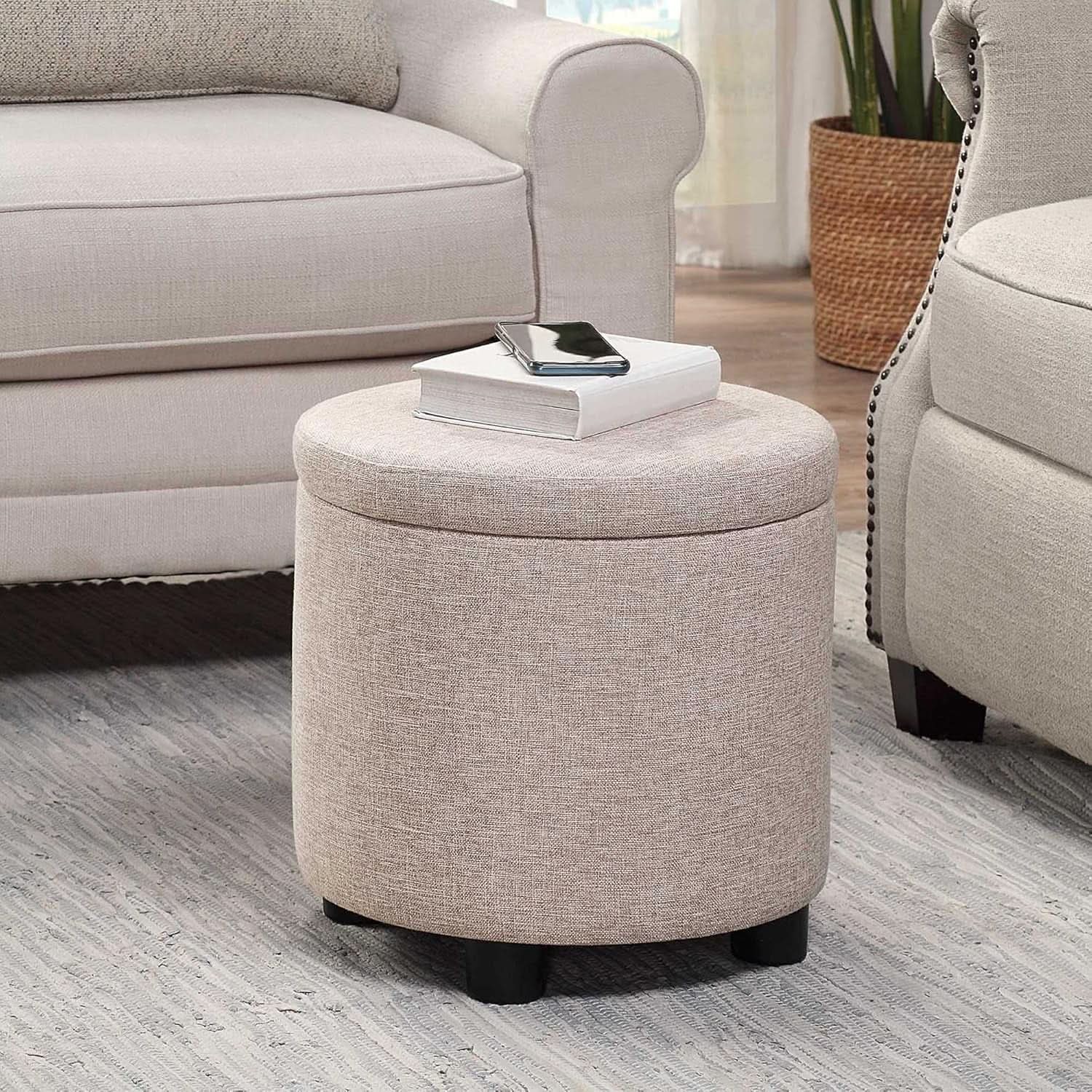 Round Storage Ottoman Upholstered Removable Tray Lid from PriceLows™