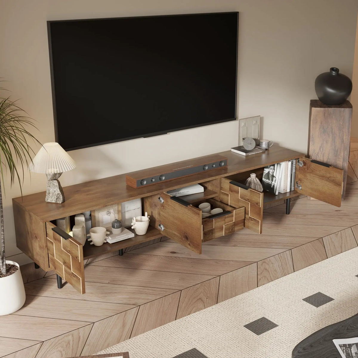 Natural TV Stand | L Shaped Handles | Checkered Design | Four Soft-Closing Cabinets