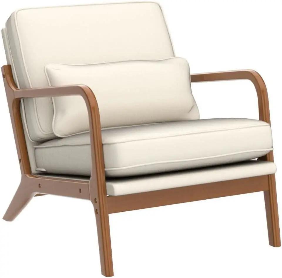 Beige Linen Fabric Mid Century Upholstered Accent Chair from PriceLows™