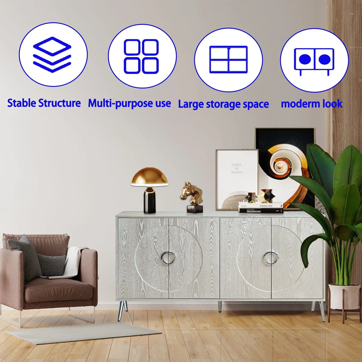 Lacquered 4 Door Sideboard Buffet | Matte Navy Finish | Solid Wood Veneer | Metal Legs