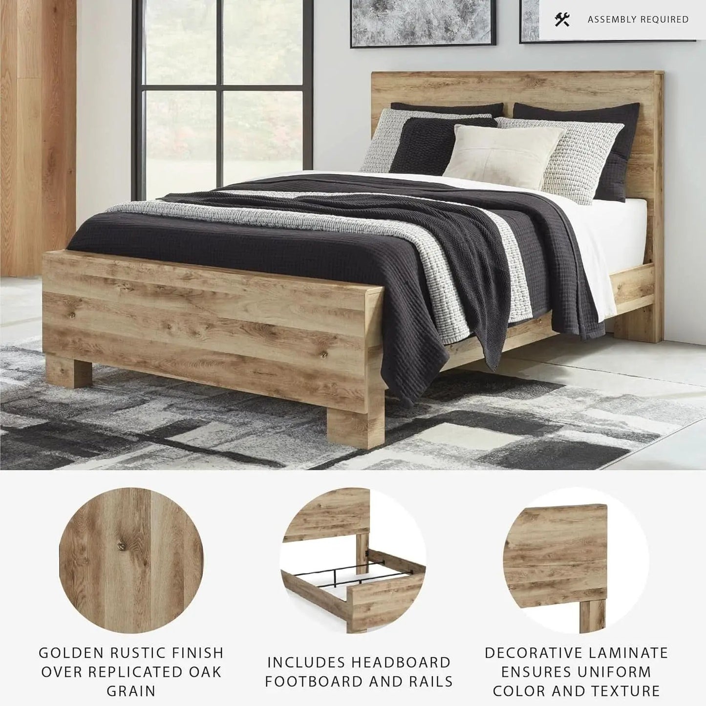 Rustic Queen Panel Bed With Metal Slats Light Brown Finish from PriceLows™