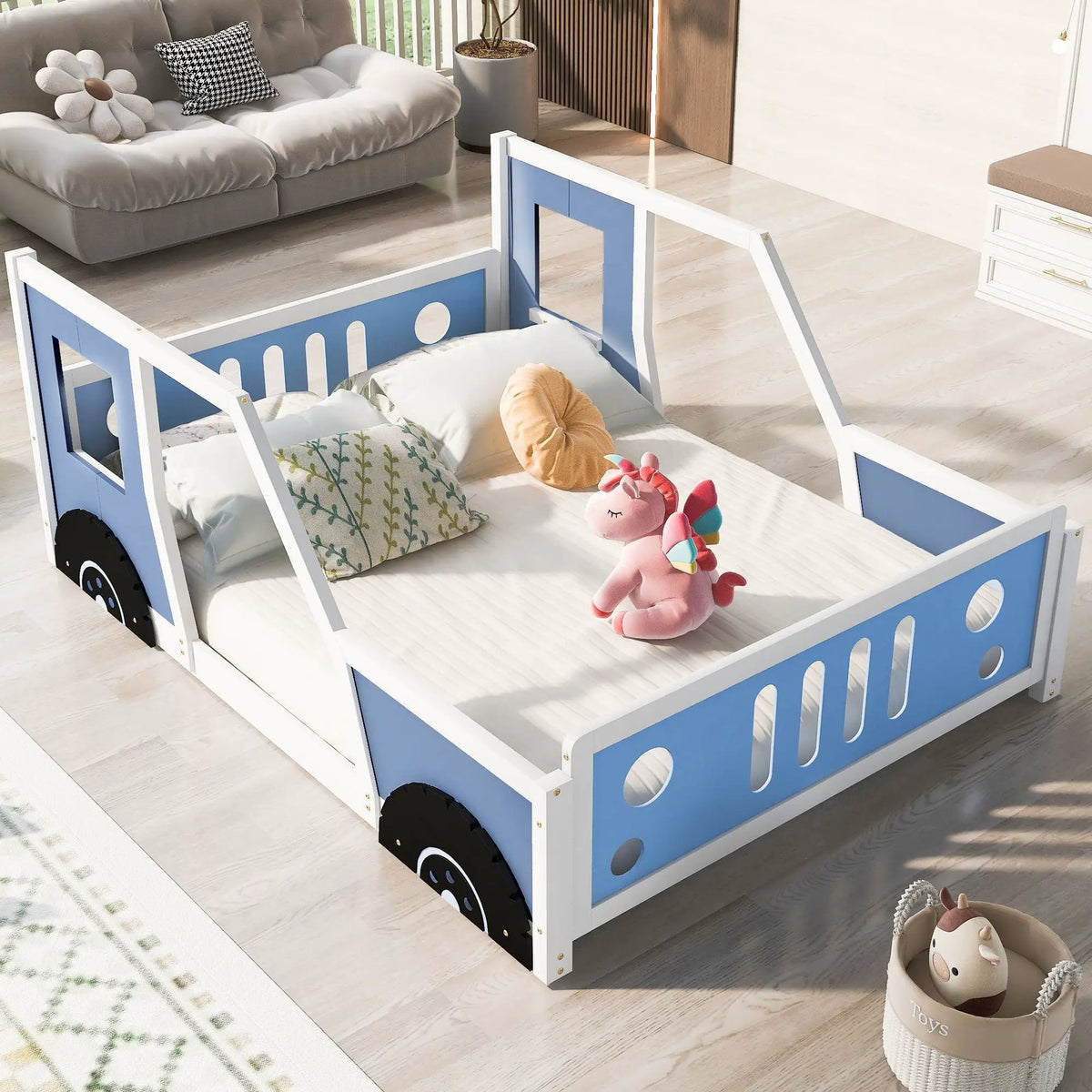 Car Shaped Platform Bed | Solid Pine Wood | Decorative Wheels