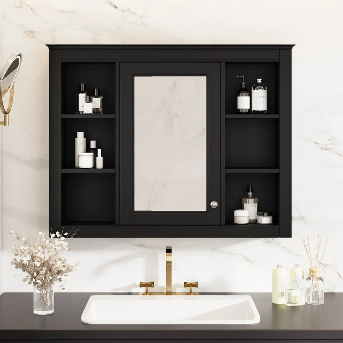 Wall Mounted Medicine Cabinet | Adjustable Interior | 6 Open Shelves