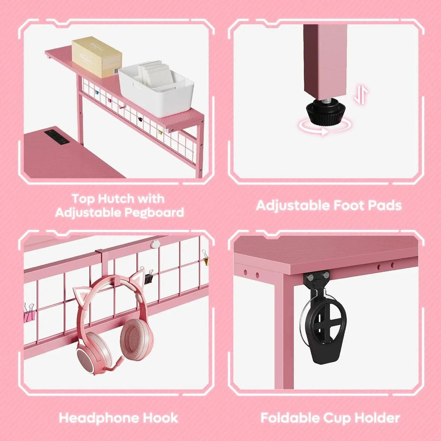 51 Inch L Shaped Gaming Desk Pink With Power Outlets And LED Lights from PriceLows™