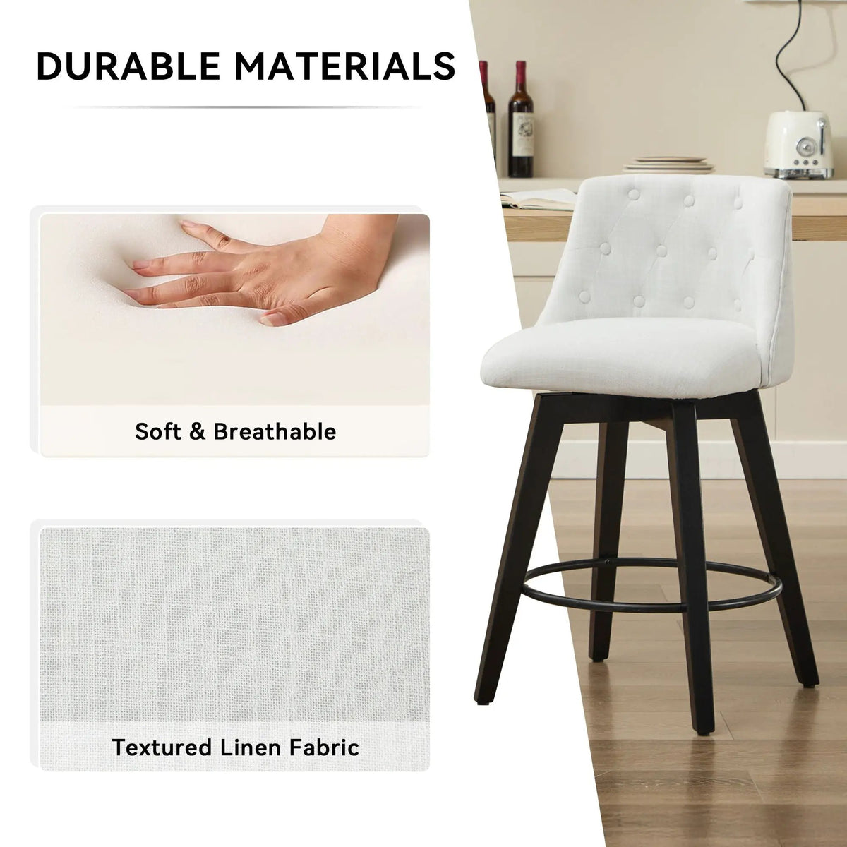 Swivel Bar Stools | Set Of 2 | Button Tufted Back | 360 Degree Silent Swivel